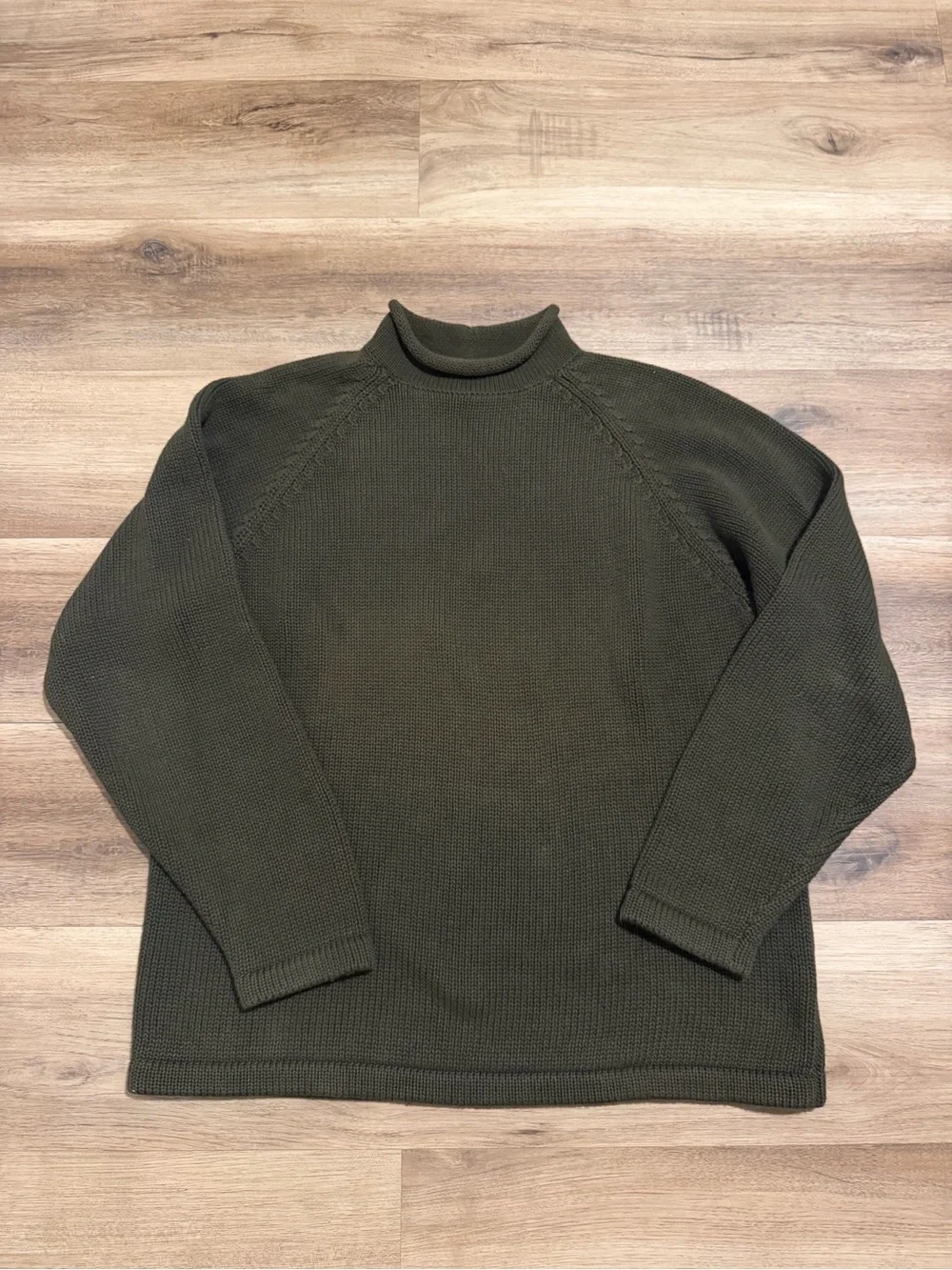 Vintage J Crew Sweater Mens L Army Green Roll Neck Cotton Fisherman Chunky Knit